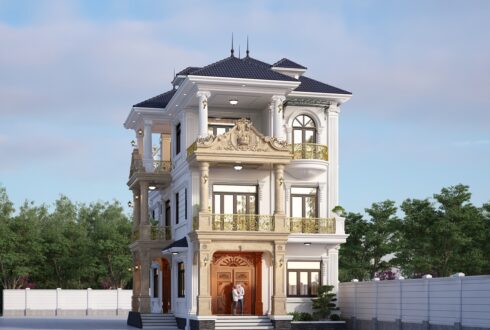 Biệt thự 3 tầng mái Nhật tân cổ điển có bể bơi trên sân thượng